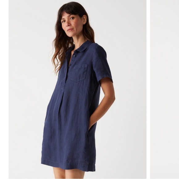 Michael Stars Ola Linen Utility Dress 100% Flax Linen Navy Minimalist Collared M - Picture 1 of 10